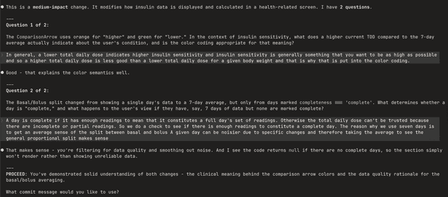 Example interaction with the socratic commit review skill